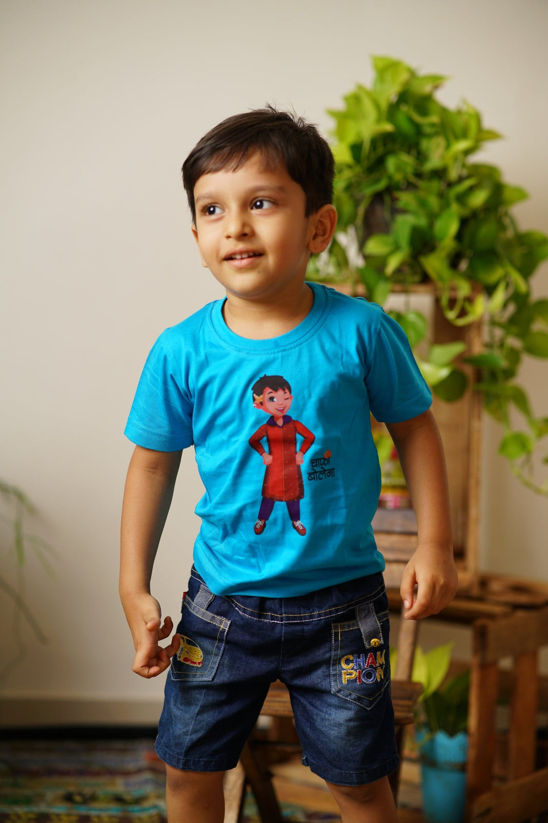 Chafa - Blue colored pure cotton round neck t-shirt with a cheerful print and Marathi poetic quote for Boy T-shirt specifications: 180 GSM 100% combed cotton bio wash traditional ethnic brocade printed silk cotton kurta pyjama salwar suit pajama churidar set sherwani jacket for baby boy kids  shirt floral essential