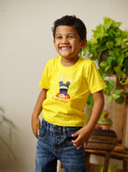 Raanful : sunshine yellow pure cotton round neck t-shirt with a cheerful print and marathi poetic quote for Boy T-shirt specifications: 180 GSM 100% combed cotton bio wash maroon traditional ethnic brocade printed silk cotton kurta pyjama salwar suit pajama churidar set sherwani jacket for baby boy kids  shirt floral essential