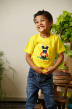 Raanful : sunshine yellow pure cotton round neck t-shirt with a cheerful print and marathi poetic quote for Boy T-shirt specifications: 180 GSM 100% combed cotton bio wash maroon traditional ethnic brocade printed silk cotton kurta pyjama salwar suit pajama churidar set sherwani jacket for baby boy kids  shirt floral essential