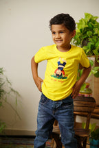 Raanful : sunshine yellow pure cotton round neck t-shirt with a cheerful print and marathi poetic quote for Boy T-shirt specifications: 180 GSM 100% combed cotton bio wash maroon traditional ethnic brocade printed silk cotton kurta pyjama salwar suit pajama churidar set sherwani jacket for baby boy kids  shirt floral essential