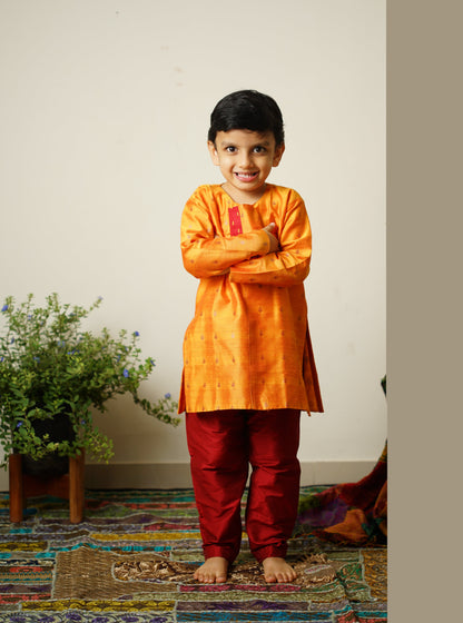 Mango Red traditional ethnic brocade printed silk cotton kurta pyjama salwar suit pajama churidar set sherwani jacket for baby boy kids 