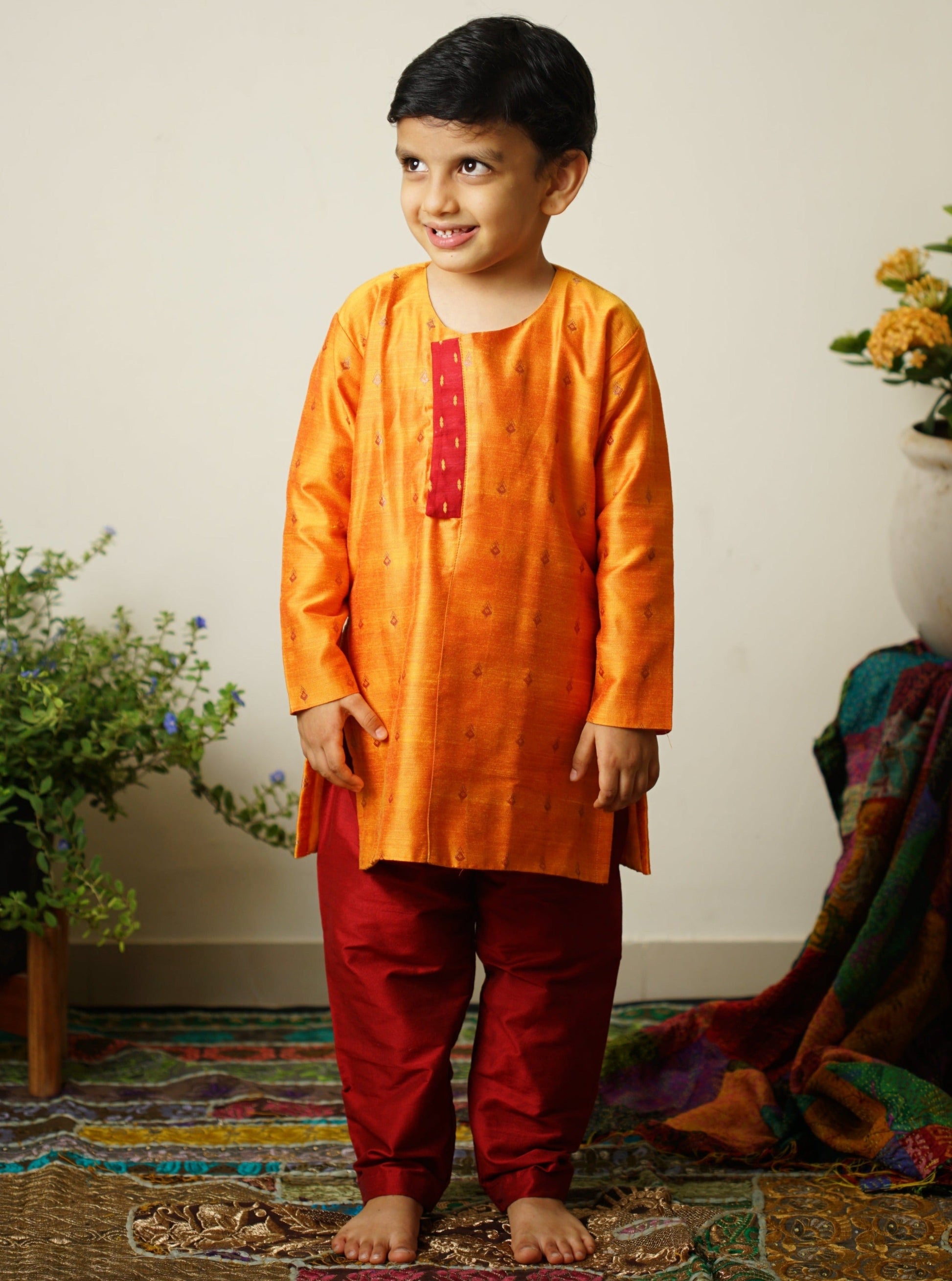 Mango Red traditional ethnic brocade printed silk cotton kurta pyjama salwar suit pajama churidar set sherwani jacket for baby boy kids 