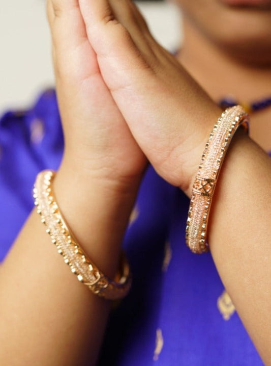 Rose gold metal white stone bangles Set of 2 Soyara Ethnics StudioAccessories gifts fancy traditional ethnic trendy handmade accessories handcrafted matching assorted mix n match pearl multicolour metal golden pair of bangles beaded for baby girls kids new born baby kada silver golden pearl bracelet crystal beads set of 2  