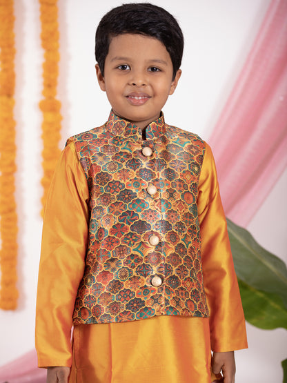 mango yellow traditional ethnic brocade printed silk cotton kurta pyjama salwar suit pajama churidar set sherwani jacket for baby boy kids 
