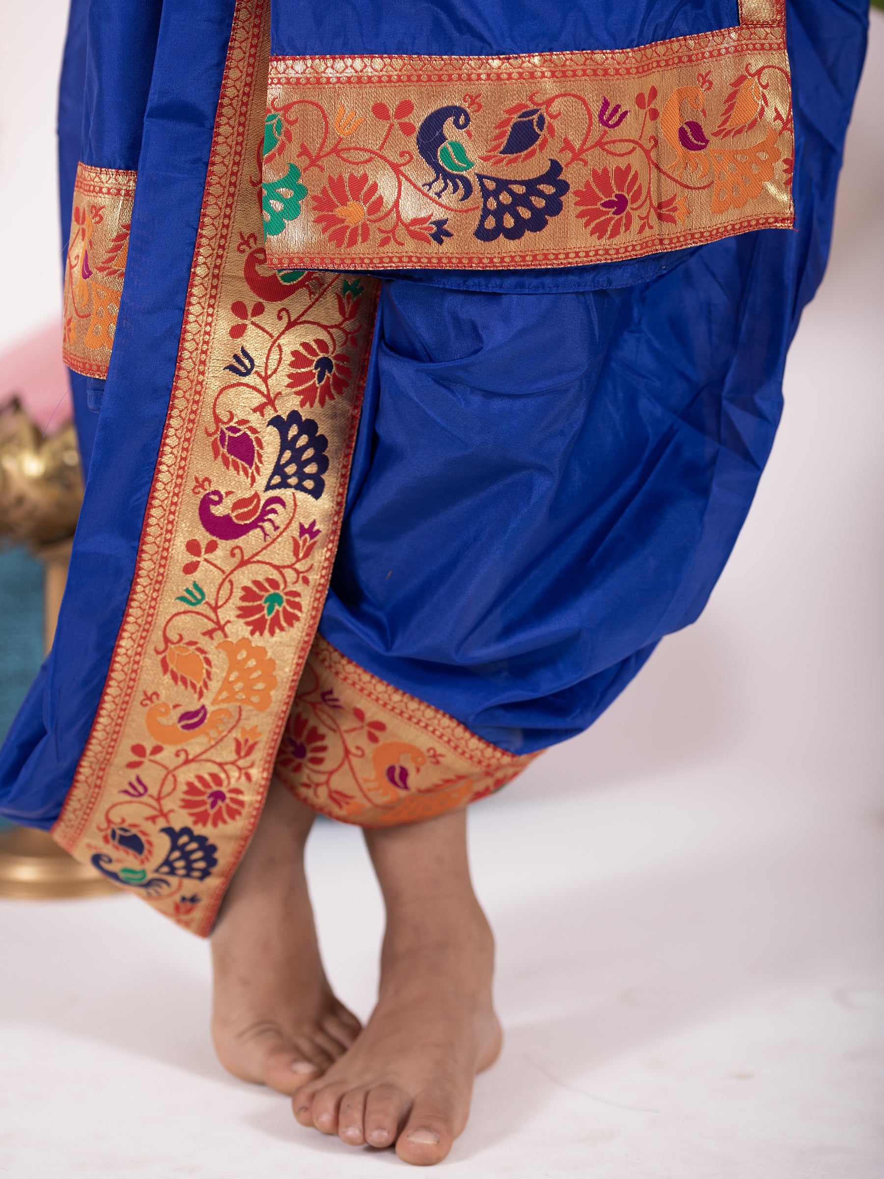 royal blue silk Sovale uparane dhoti jari Shawl ethnic traditional dhoti-upavastra pooja dhoti jari gamcha with Paithani jari border for munj thread ceremony vratabandha upnayanam for kids
