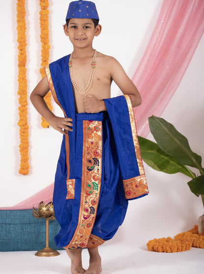royal blue silk Sovale uparane dhoti jari Shawl ethnic traditional dhoti-upavastra pooja dhoti jari gamcha with Paithani jari border for munj thread ceremony vratabandha upnayanam for kids