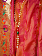 Carrot Pink malai silk Dhoti/Soval/Kad & Shawl/Upran/Shela with Paithani jari Border Set for Batu.Pre-stitched sovale uparane set includes Ready to wear Sovale & Uparane/Upavastra.Can be paired with a short kurta.This Set is ideal for rituals like Matrubhojan,Muhurt during Munj/Upanayan/Vratabandha/Thread Ceremony.