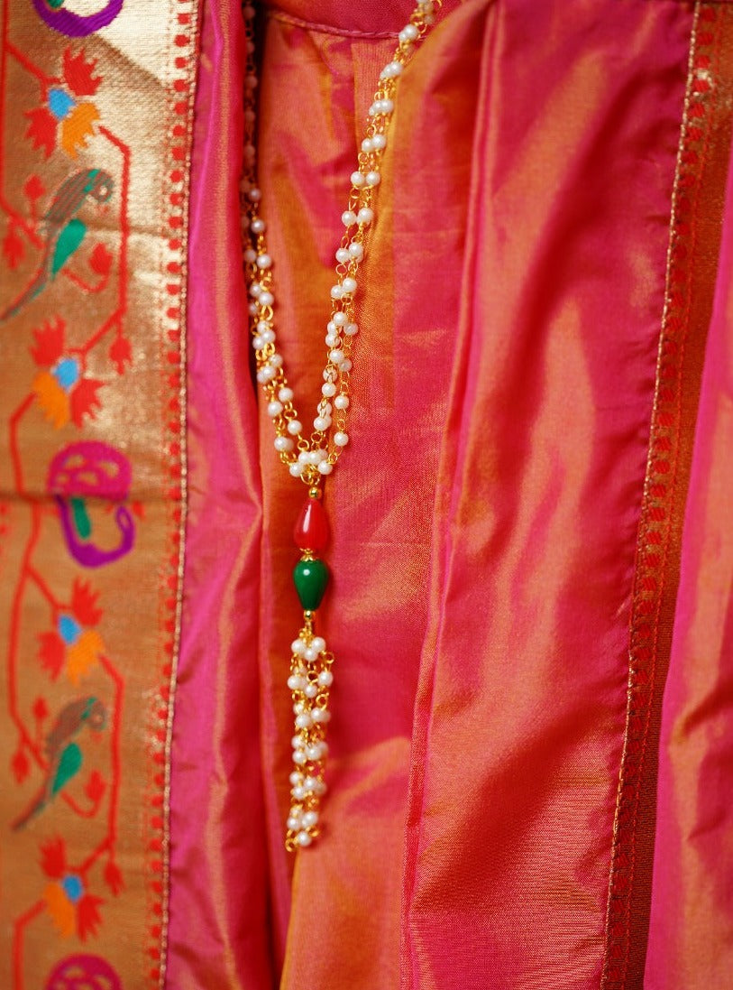 Carrot Pink malai silk Dhoti/Soval/Kad & Shawl/Upran/Shela with Paithani jari Border Set for Batu.Pre-stitched sovale uparane set includes Ready to wear Sovale & Uparane/Upavastra.Can be paired with a short kurta.This Set is ideal for rituals like Matrubhojan,Muhurt during Munj/Upanayan/Vratabandha/Thread Ceremony.