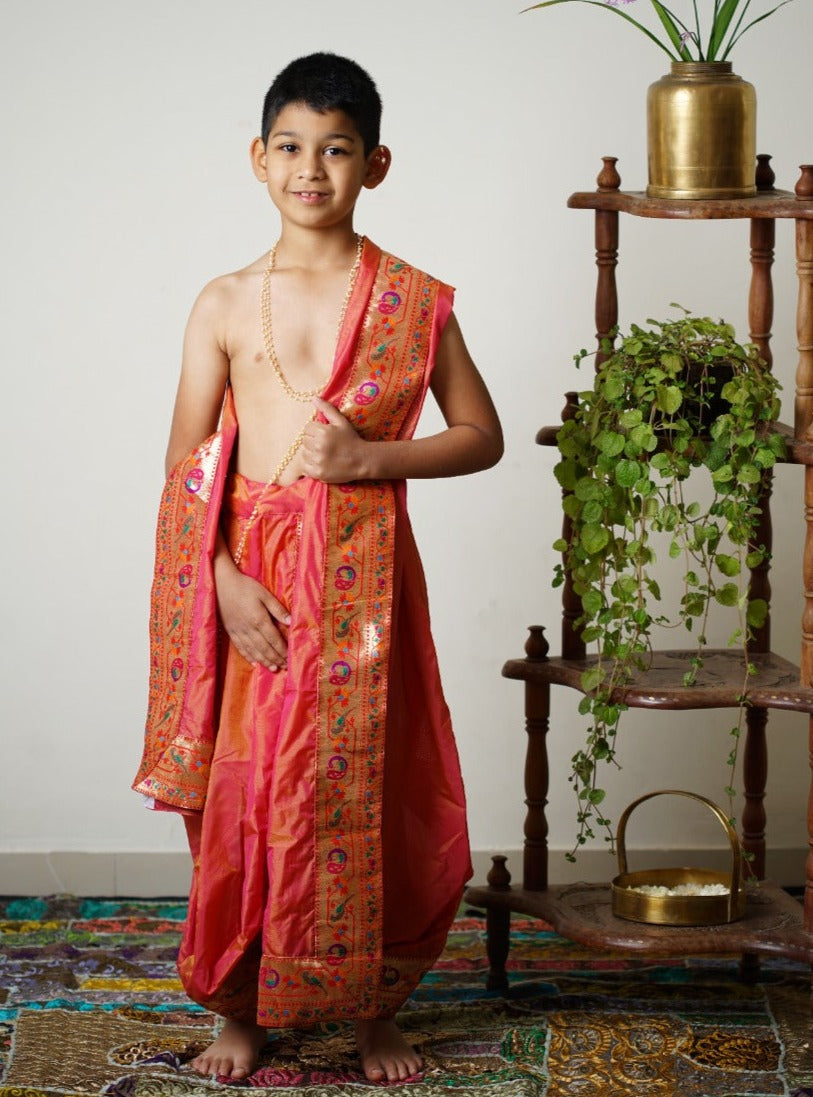 Carrot Pink mysore silk Sovale Uparane set with intricate Parrot and P ...