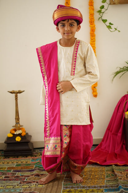 Ruby Pink silk Sovale uparane dhoti jari Shawl ethnic traditional dhoti-upavastra pooja dhoti jari gamcha with Paithani jari border for munj thread ceremony vratabandha upanayanam for kids