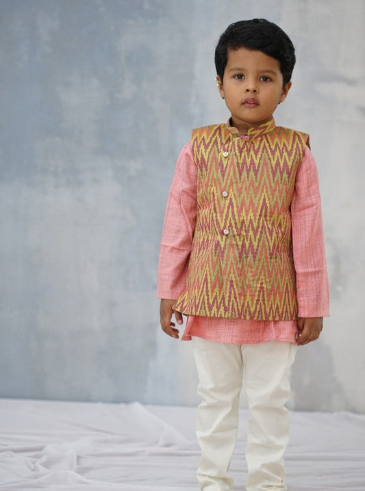 Multicolored Ikat Silk Stand collar Jacket. Cotton lining from inside avoid sweating but give warmth.Statement embellished buttons add royal charm to these jackets. Team these with any plain colored kurta or satin shirt for best festive look!