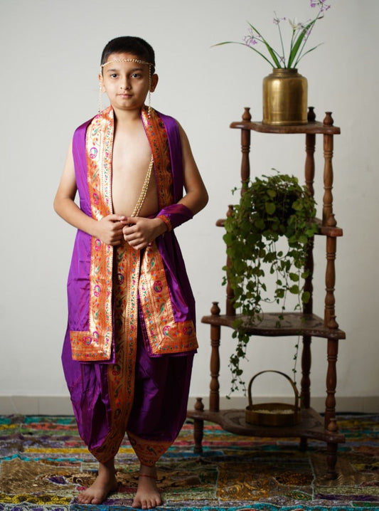 Purple mysore silk Dhoti/Soval/Kad & Shawl/Upran/Shela with Paithani jari Border Set for Batu.Pre-stitched sovale uparane set includes Ready to wear Sovale & Uparane/Upavastra.Can be paired with a short kurta.This Set is ideal for rituals like Matrubhojan,Muhurt during Munj/Upanayan/Vratabandha/Thread Ceremony.