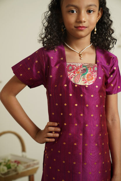 Dark Magenta colored semi silk brocade kurti with paithani neck pattern and daman Soyara Ethnics Studio