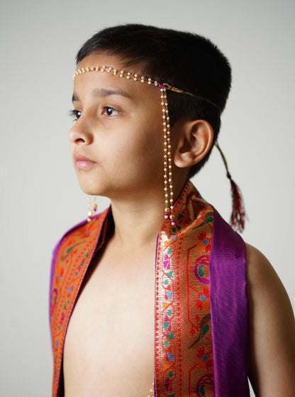 Purple silk Sovale uparane dhoti jari Shawl ethnic traditional dhoti-upavastra pooja dhoti jari gamcha with Paithani jari border for munj thread ceremony vratabandha upanayanam for kids