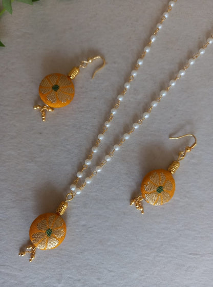 Accessories gifts fancy traditional ethnic for kids trendy handmade fabric accessories brocade handcrafted matching assorted mix n match pearl multicolour metal golden party wear beaded glass beads trendy gold plated earrings pendant    