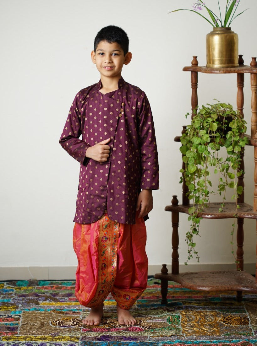 wine silk traditional ethnic brocade printed silk cotton kurta pyjama salwar suit pajama churidar set sherwani jacket for baby boy kids 