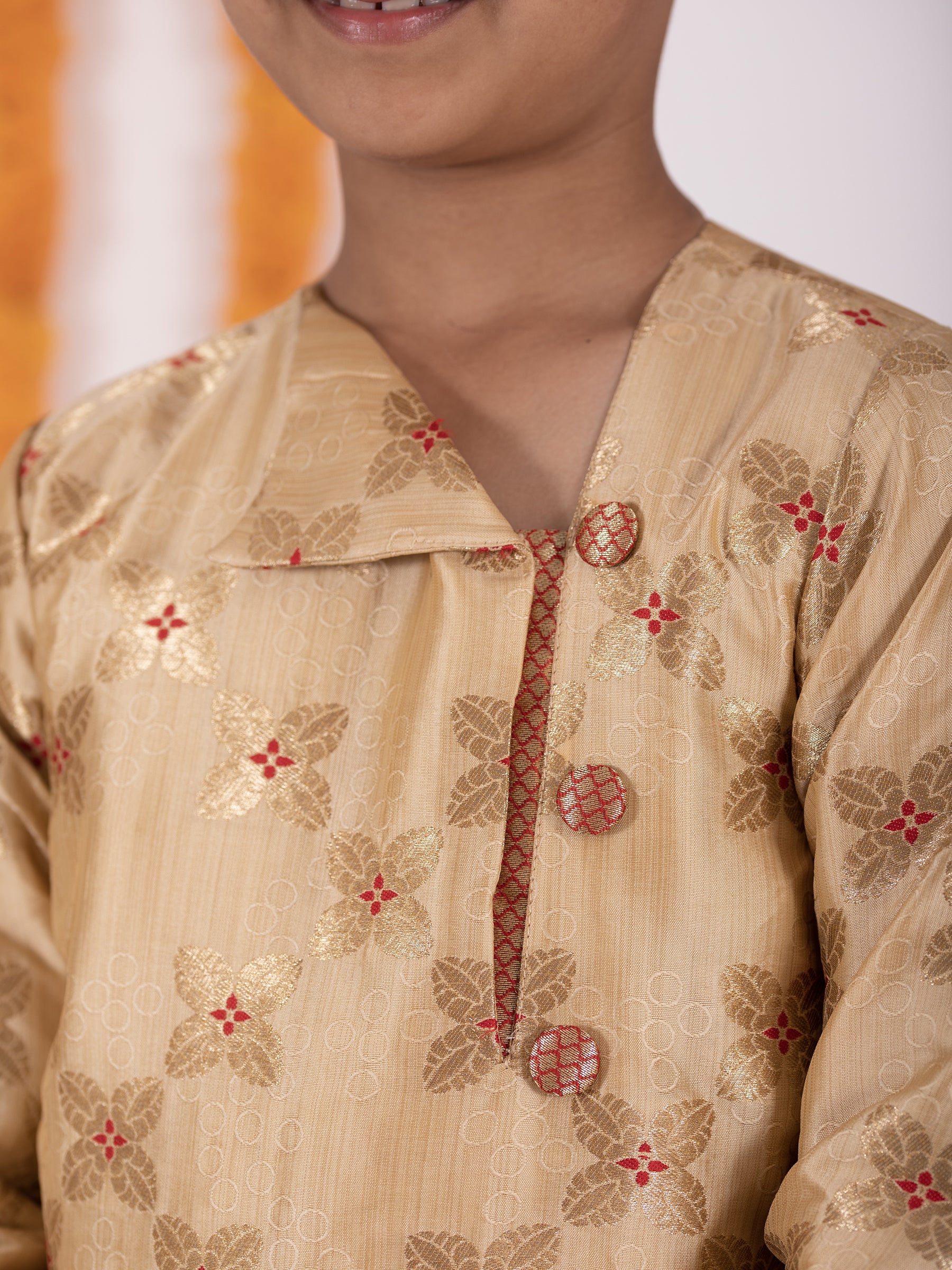 Golden beige banarasi brocade traditional ethnic brocade printed silk cotton kurta pyjama salwar suit pajama churidar set sherwani jacket for baby boy kids 
