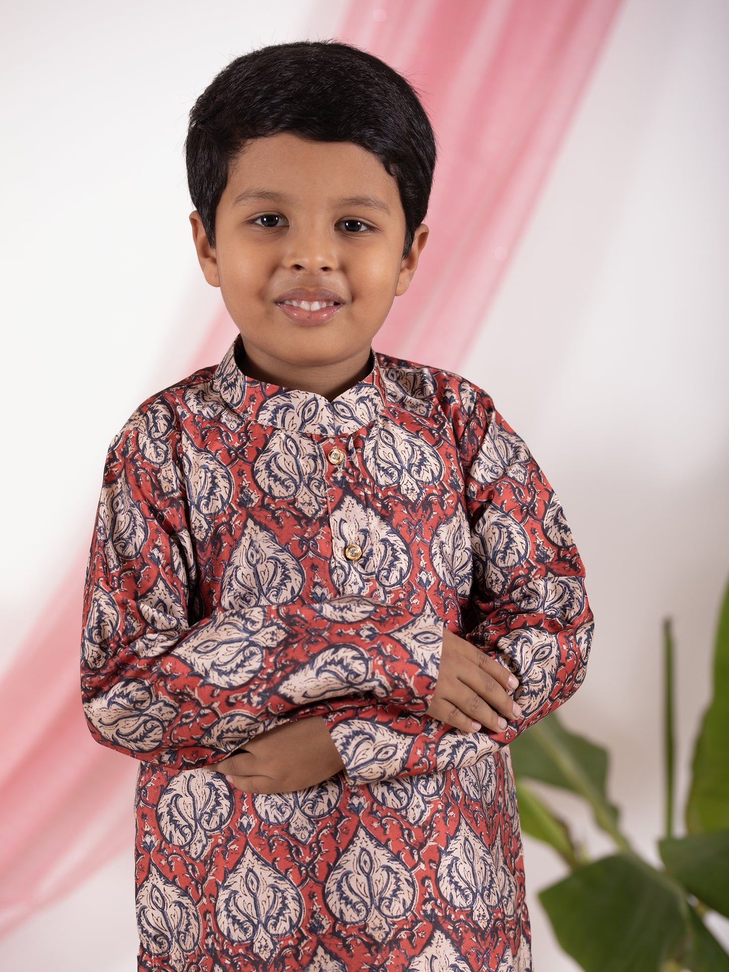 Kalamkari Digital printed Modal satin Silk traditional ethnic brocade printed silk cotton kurta pyjama salwar suit pajama churidar set sherwani jacket for baby boy kids 