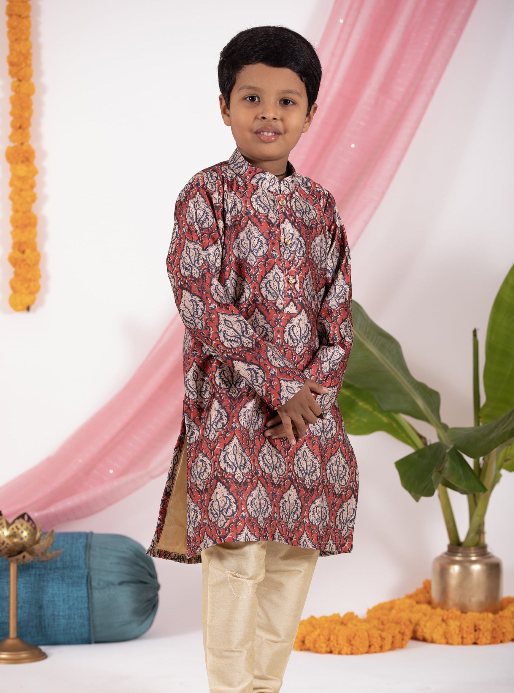 Kalamkari Digital printed Modal satin Silk traditional ethnic brocade printed silk cotton kurta pyjama salwar suit pajama churidar set sherwani jacket for baby boy kids 