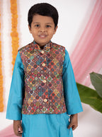 Digital printed tussar silk jacket with all over sequins.Cotton lining from inside avoid sweating but give warmth.Statement embellished buttons add royal charm to these jackets. Team these with any plain colored kurta or satin shirt for best festive look! 