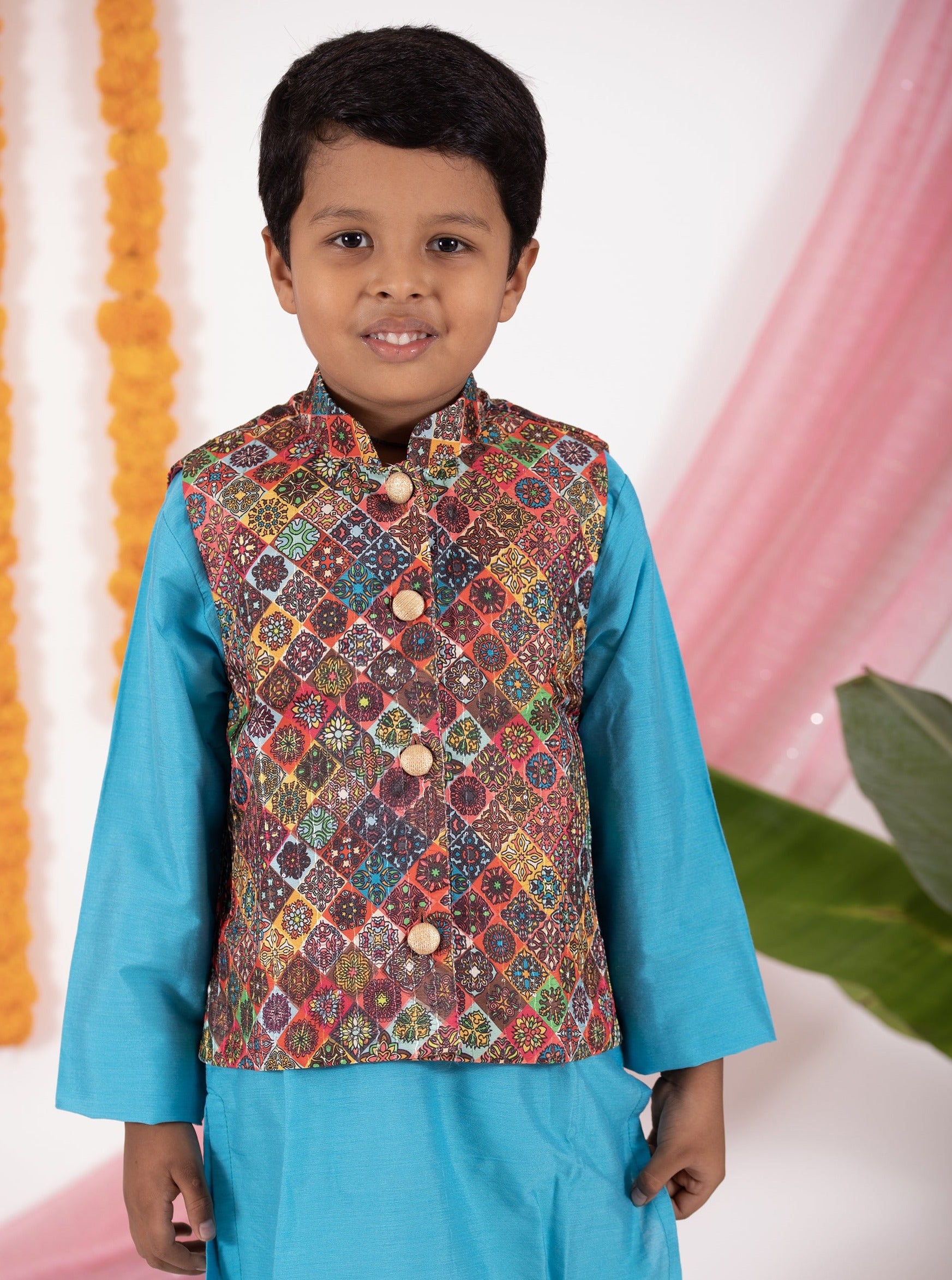 Digital printed tussar silk jacket with all over sequins.Cotton lining from inside avoid sweating but give warmth.Statement embellished buttons add royal charm to these jackets. Team these with any plain colored kurta or satin shirt for best festive look! 