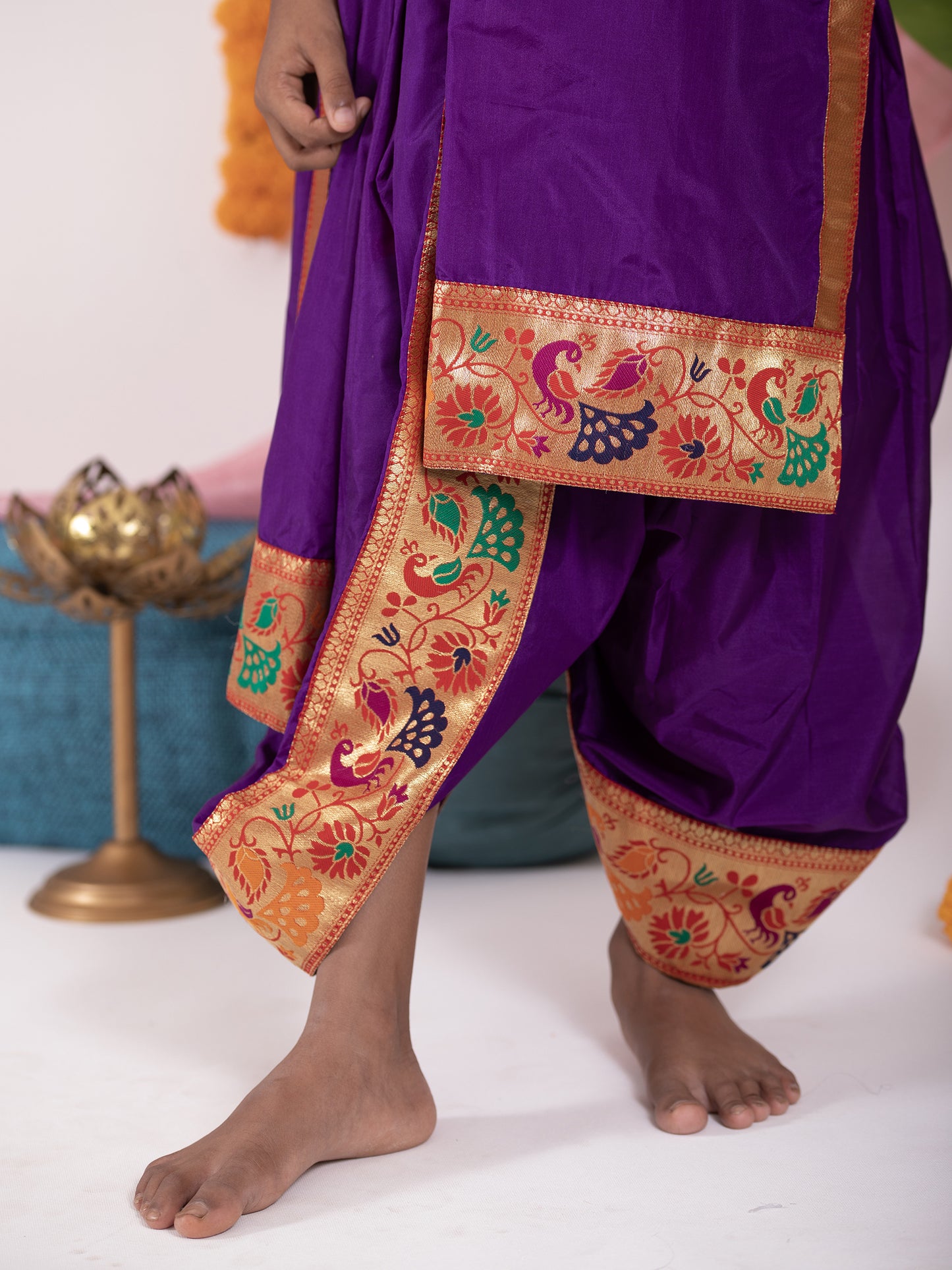 Purple Mysore Silk Dhoti/Soval/Kad & Shawl/Upran/Shela with Paithani jari Border Set for Batu.Pre-stitched sovale uparane set includes Ready to wear Sovale & Uparane/Upavastra.Can be paired with a short kurta.This Set is ideal for rituals like Matrubhojan,Muhurt during Munj/Upanayan/Vratabandha/Thread Ceremony.