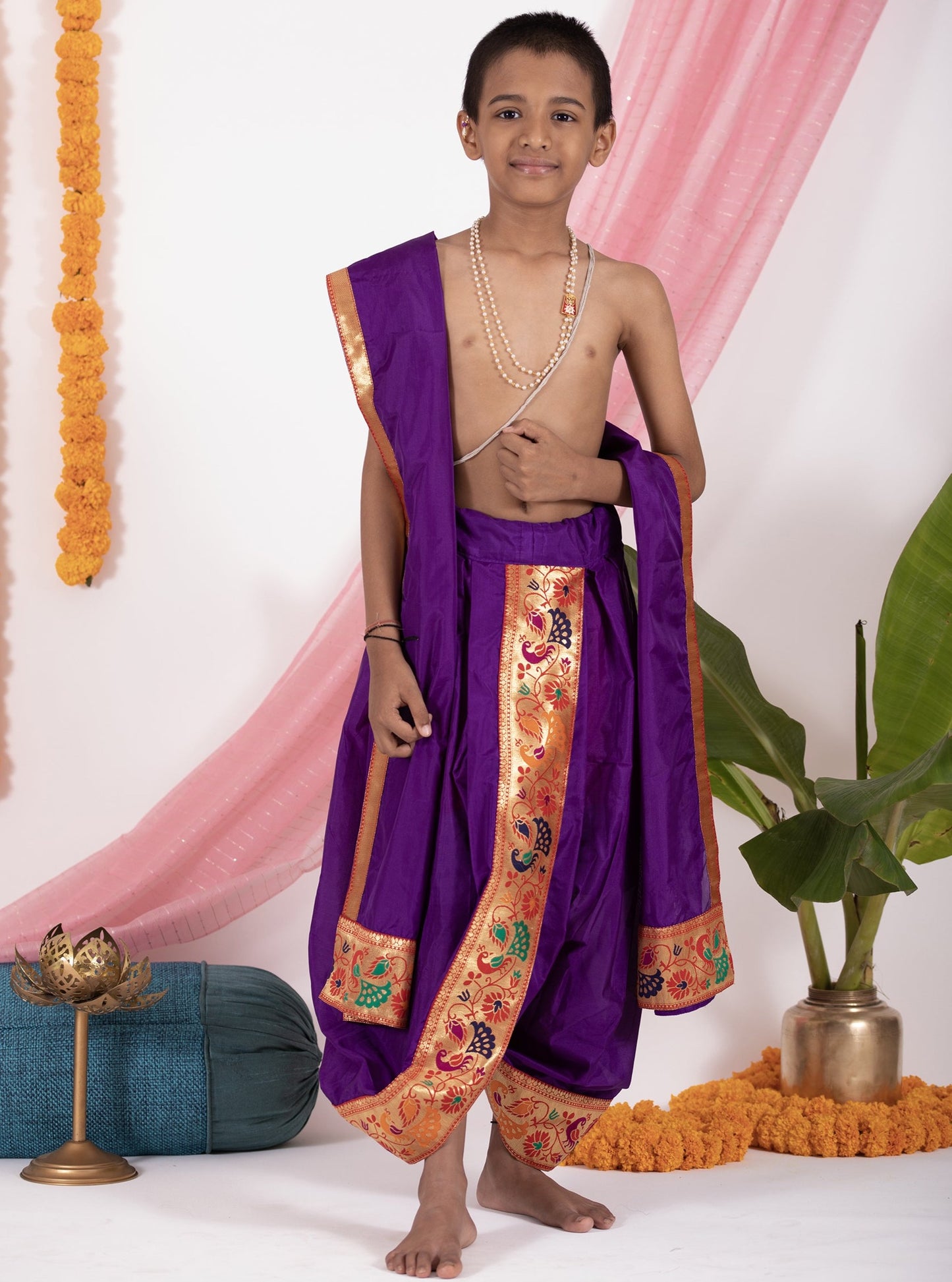 Purple silk Sovale uparane dhoti jari Shawl ethnic traditional dhoti-upavastra pooja dhoti jari gamcha with Paithani jari border for munj thread ceremony vratabandha upanayanam for kids