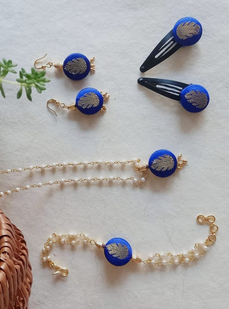 Accessories gifts fancy traditional ethnic for kids trendy handmade fabric accessories brocade handcrafted matching assorted mix n match pearl multicolour metal golden party wear beaded glass beads trendy gold plated earrings pendant    