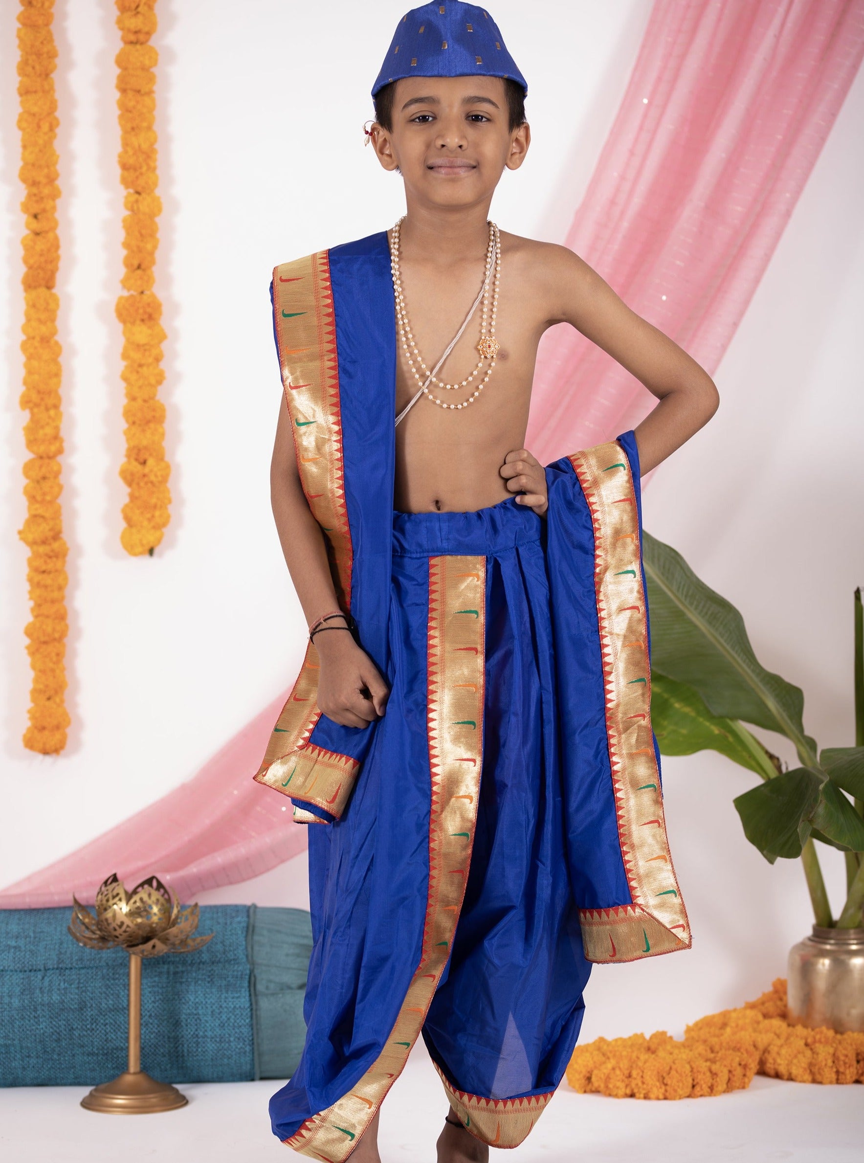 royal blue silk Sovale uparane dhoti jari Shawl ethnic traditional dhoti-upavastra pooja dhoti jari gamcha with Paithani jari border for munj thread ceremony vratabandha upanayanam for kids