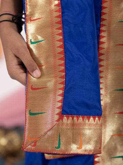 royal blue silk Sovale uparane dhoti jari Shawl ethnic traditional dhoti-upavastra pooja dhoti jari gamcha with Paithani jari border for munj thread ceremony vratabandha upanayanam for kids