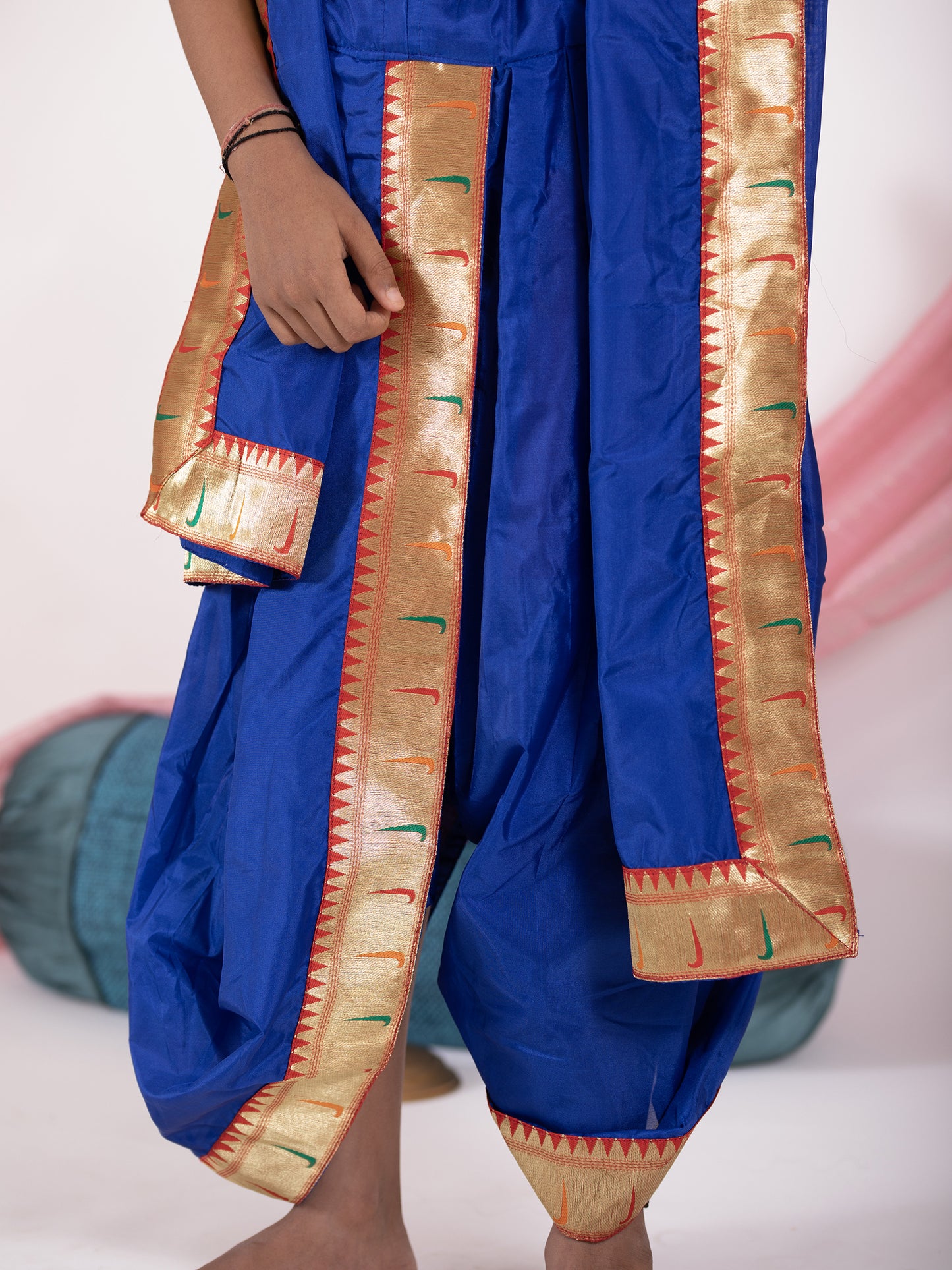 royal blue silk Sovale uparane dhoti jari Shawl ethnic traditional dhoti-upavastra pooja dhoti jari gamcha with Paithani jari border for munj thread ceremony vratabandha upanayanam for kids