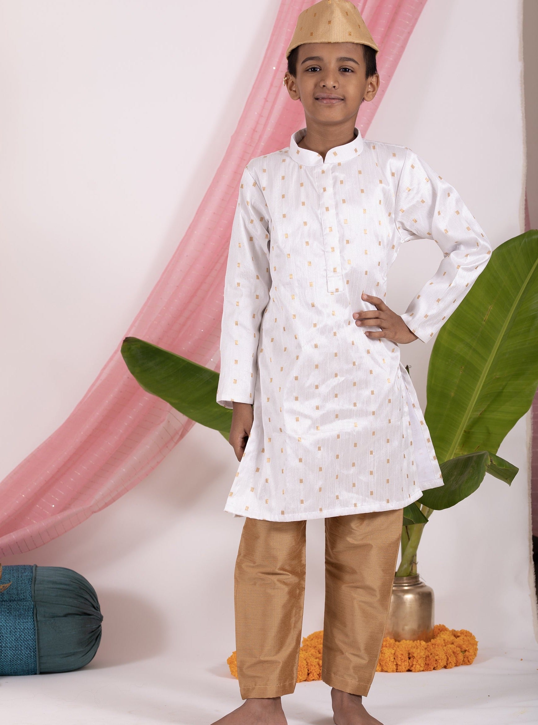 white traditional ethnic brocade printed silk cotton kurta pyjama salwar suit pajama churidar set sherwani jacket for baby boy kids onam